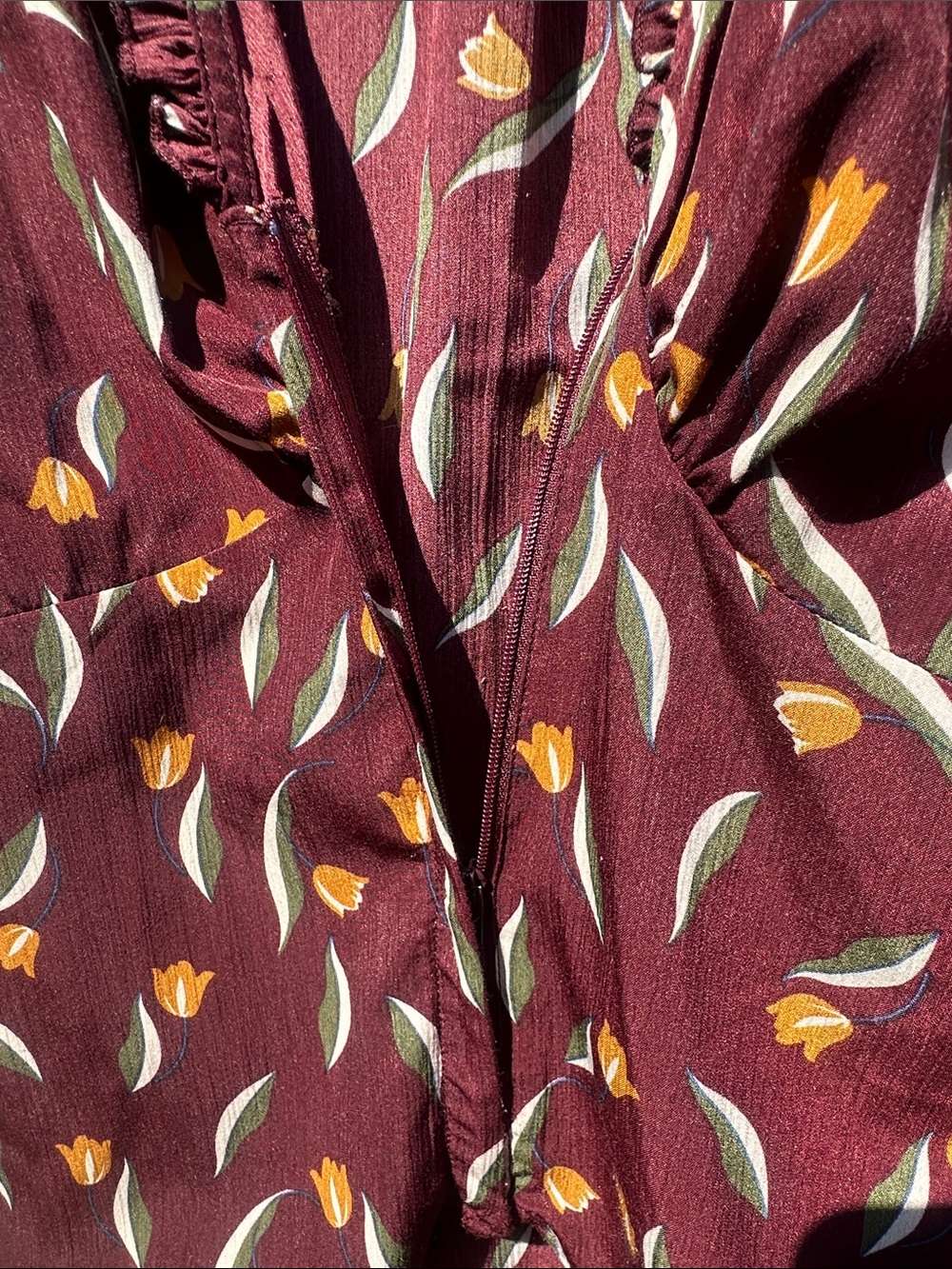 Unique Vintage Burgundy Tulip Ruffle V-Neck Blouse - Picture 2 of 5